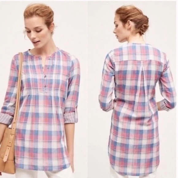 Anthropologie Holding Horses Plaid Popover Tunic Top w/ Roll Tab Sleeves, Size 4 - Picture 1 of 8